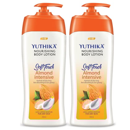 Yuthika Almond Body Lotion for Dry Skin 500ml Pack of 2, Non-Greasy Fast Absorbing & Long Lasting Nourishing Body Lotion