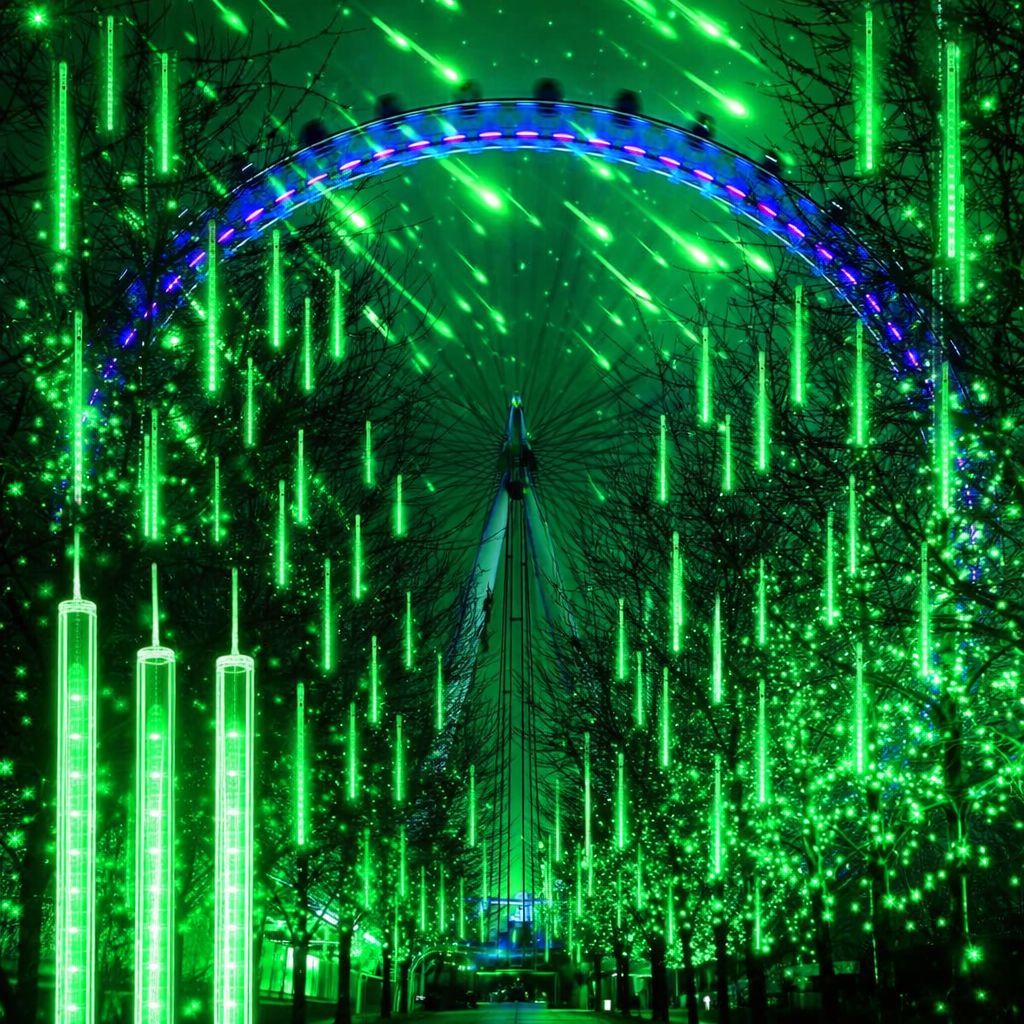 SPARKWORLD Green Dropstick Meteor Shower LED Lights 8 Tubes | Rainfall Effect Decorative Lights for Trees, Outdoor & Festive Lighting (24 LEDs, 30cm Each)