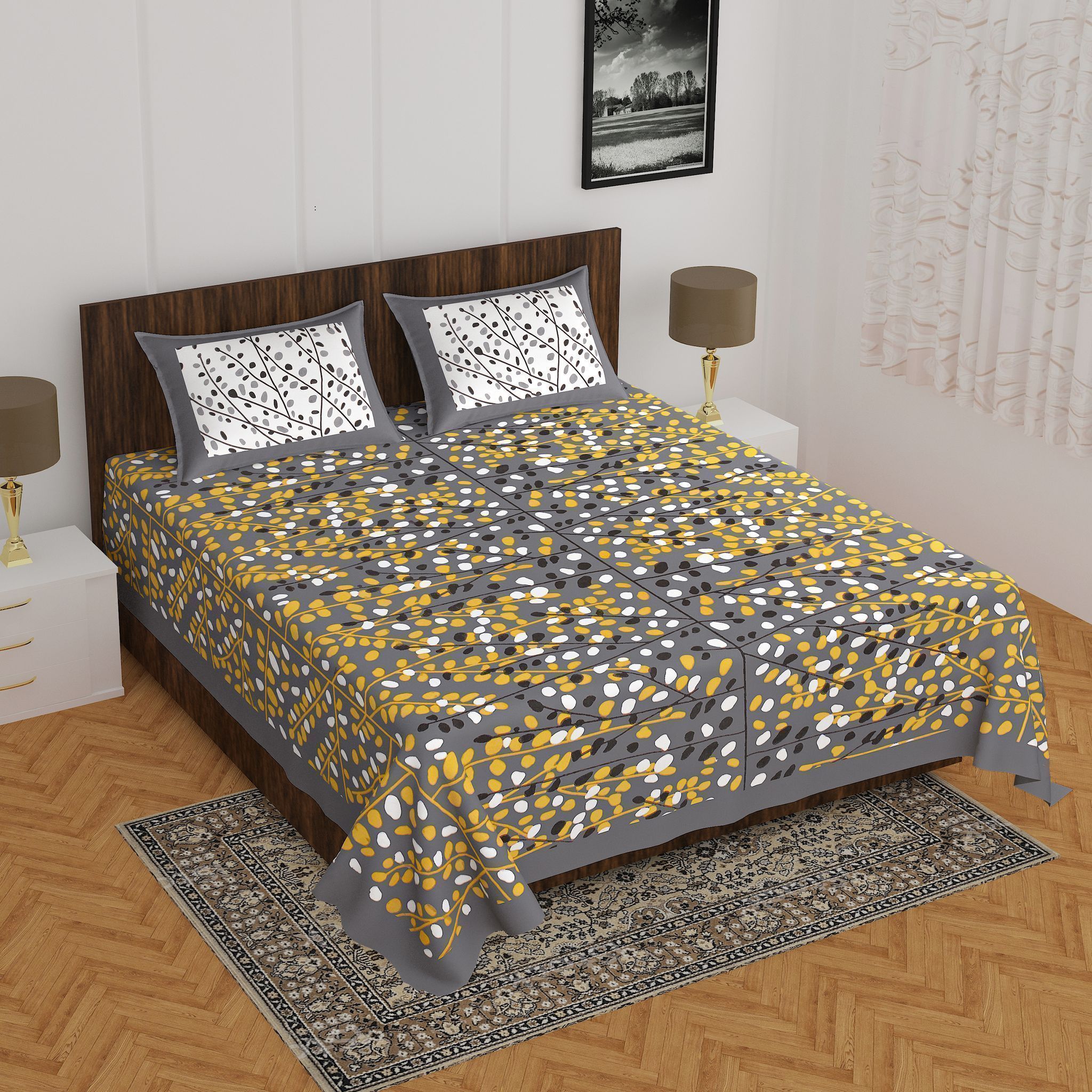 3001-Hometrade India-Standard King Size (90*108 Inches) Double Bedsheet With 2 Pillow Cover-RJ-14-Jaipur lining-3089