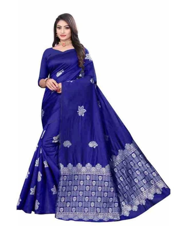 Women's Soft Lichi Silk Printed Saree With Unstitched Blouse 5.5Mtr (Blue)-PID63570