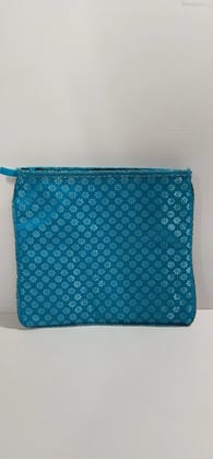 Blue Banarasi Silk Lace Zip Pouch