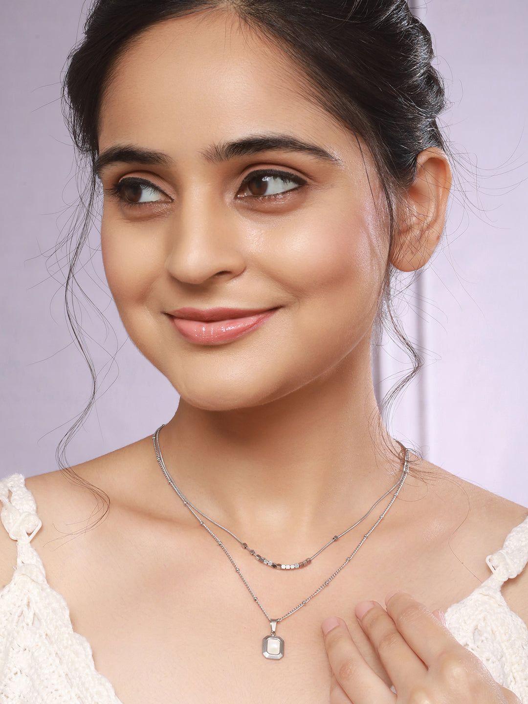 Anti-Tarnish Rhodium Plated Layered Minimal Geometric Pendant Necklace & Chain