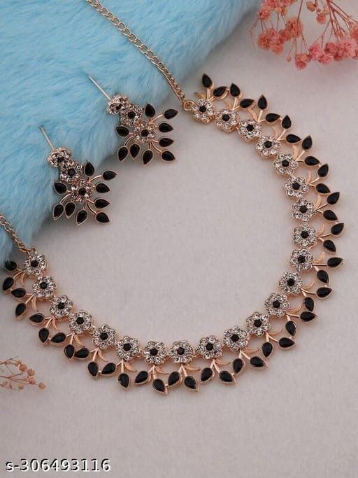 Rose Gold Plated Necklace Set with Black Color Jewellery (choker + earrings)