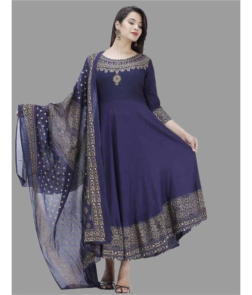 Smien Rayon Printed Anarkali Women's Kurti - Blue ( Pack of 1 )