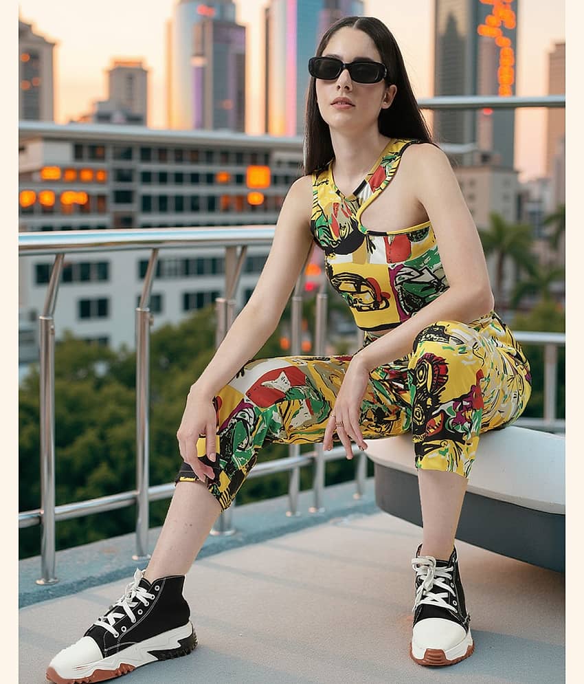 Zima Leto Women Printed Top With Trousers Co-Ord Set ( Yellow )
