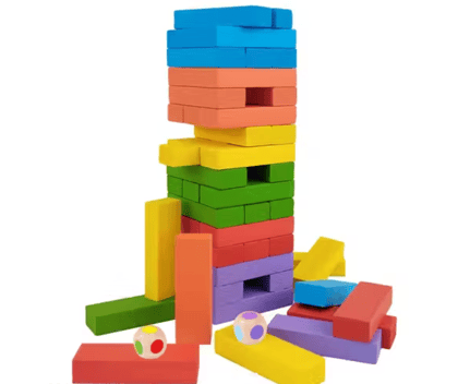 Wudly Colorful Wooden Stacking Tower Game for Kids | Montessori Learning Toy | Color Sorting & Dice Game | Family Fun & Return Gift for 3+ Years