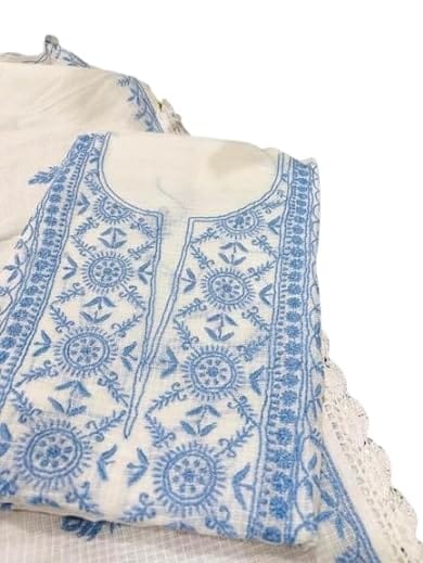 TULIP Traditional Artisians' Upliftment Livelihood Program Hand Embroidered Kota Dori Cotton Kurti Fabric Set � White with Blue Thread Work | Ethnic Women�s Unstitched Dress Material