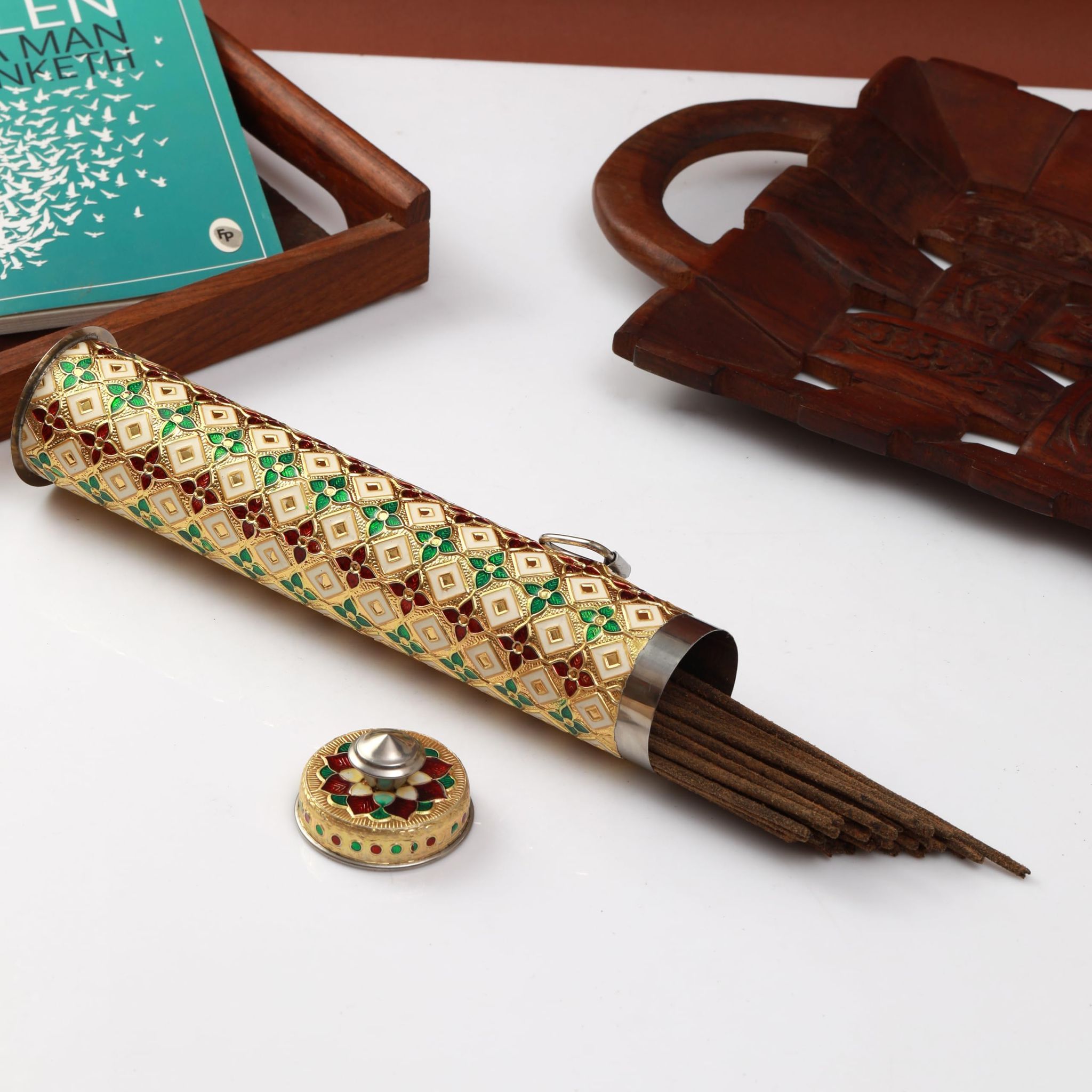 Navrang Meenakari Stainless Steel Agarbatti Storage Box Holder/Incense Stick Holder Multicolour