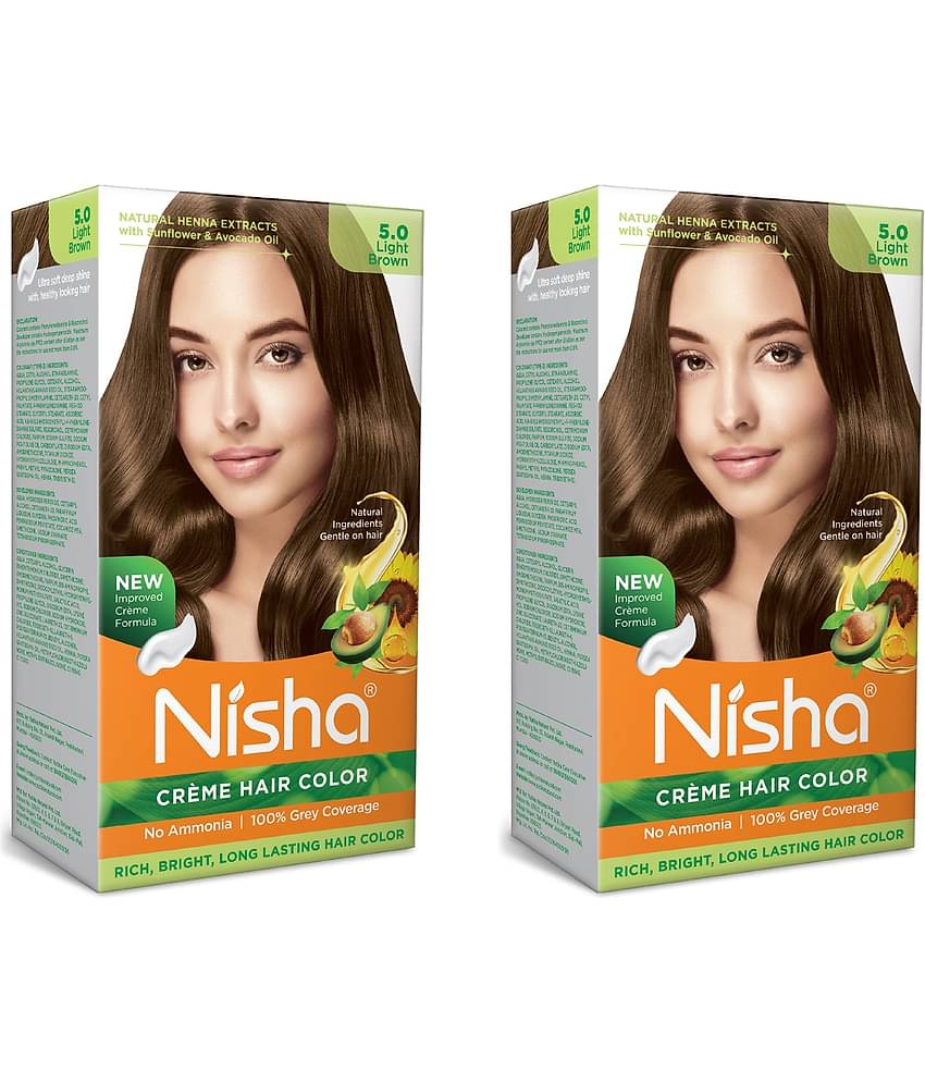 Nisha Creme Hair Color 5.0 Light Brown 120g Pack of 2, Permanent Hair Colour, No Ammonia, 100% Grey Coverage