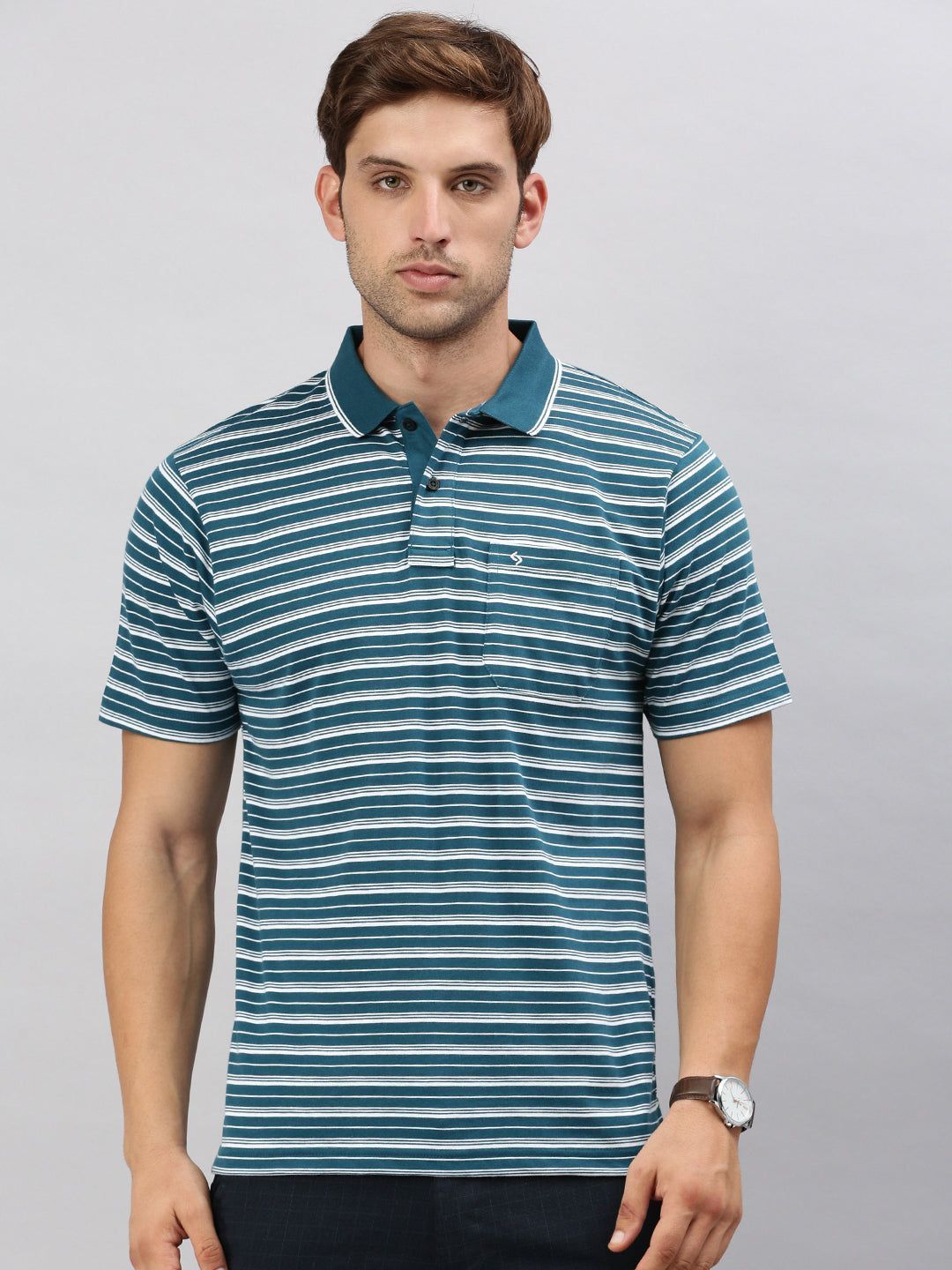 Classic Polo Men's Half Sleeve Teal/White Polo Neck Cotton Authentic Fit T Shirt | FEEDERS - 262 A AF P