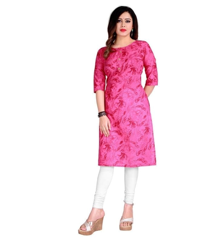 Women's Casual 3/4th Sleeve Printed Cotton Kurti (Pink, S)-PID46128