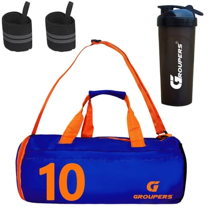 GROUPERS Combo Set of Duffle Polyester Bag with Shaker Bottle-700ml & Wrist Band (Blue 10) GROUPERS Combo Set of Duffle Polyester Bag with Shaker Bottle-700ml & Wrist Band (Blue 10)