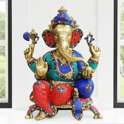 Brass Showpiece Ganesh Ji Statue With Stone Finish (BSMAS665)