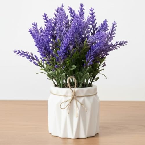 Artificial Lavender Plant in White Pot, 18cm – Realistic Faux Flower Arrangement for Home & Office Décor (Set of 2