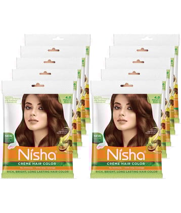 Nisha Creme Hair Color Natural Brown 40g Pack of 10, Permanent Hair Color for Women Men, No Ammonia, 100% Grey Coverage