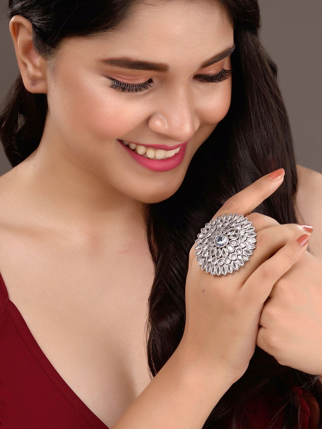 Oxidised Silver Plated White Stone Studded Cocktail Finger Ring