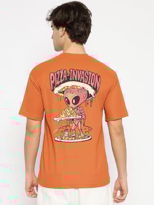 Pizza Invasion Back Print Oversized T-shirt Orange Pizza Invasion Back Print Oversized T-shirt Orange