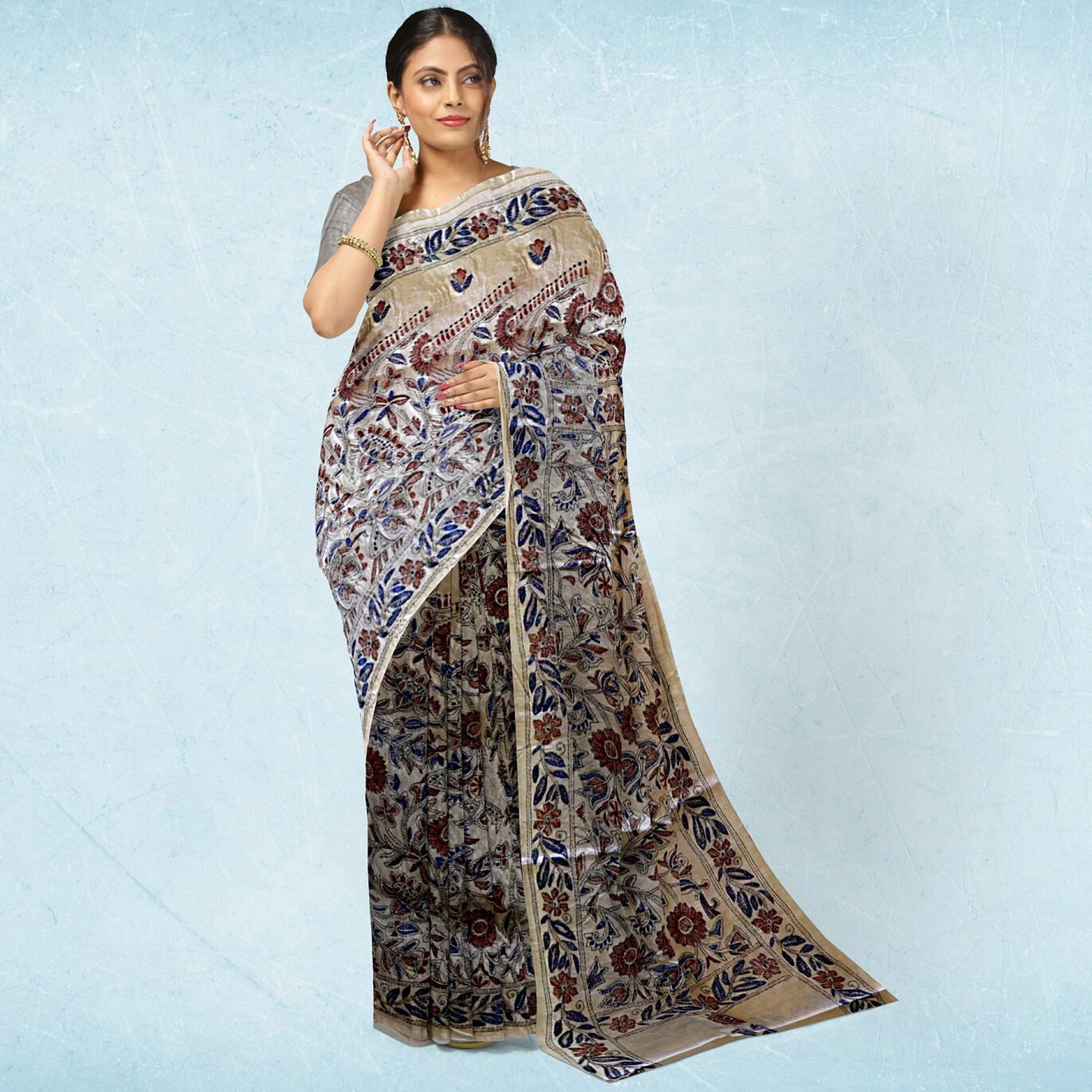 Multicolor Color Floral Kantha Stitch Tussar Silk Saree