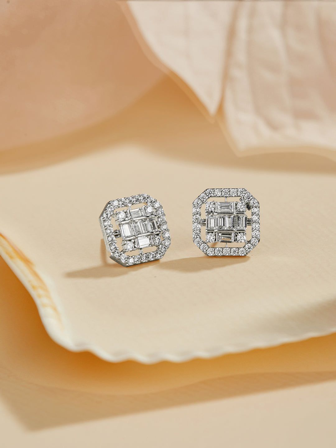 925 Sterling Silver Baguette Shaped Cubic Zirconia  in Rhodium Plated Studds Earrings