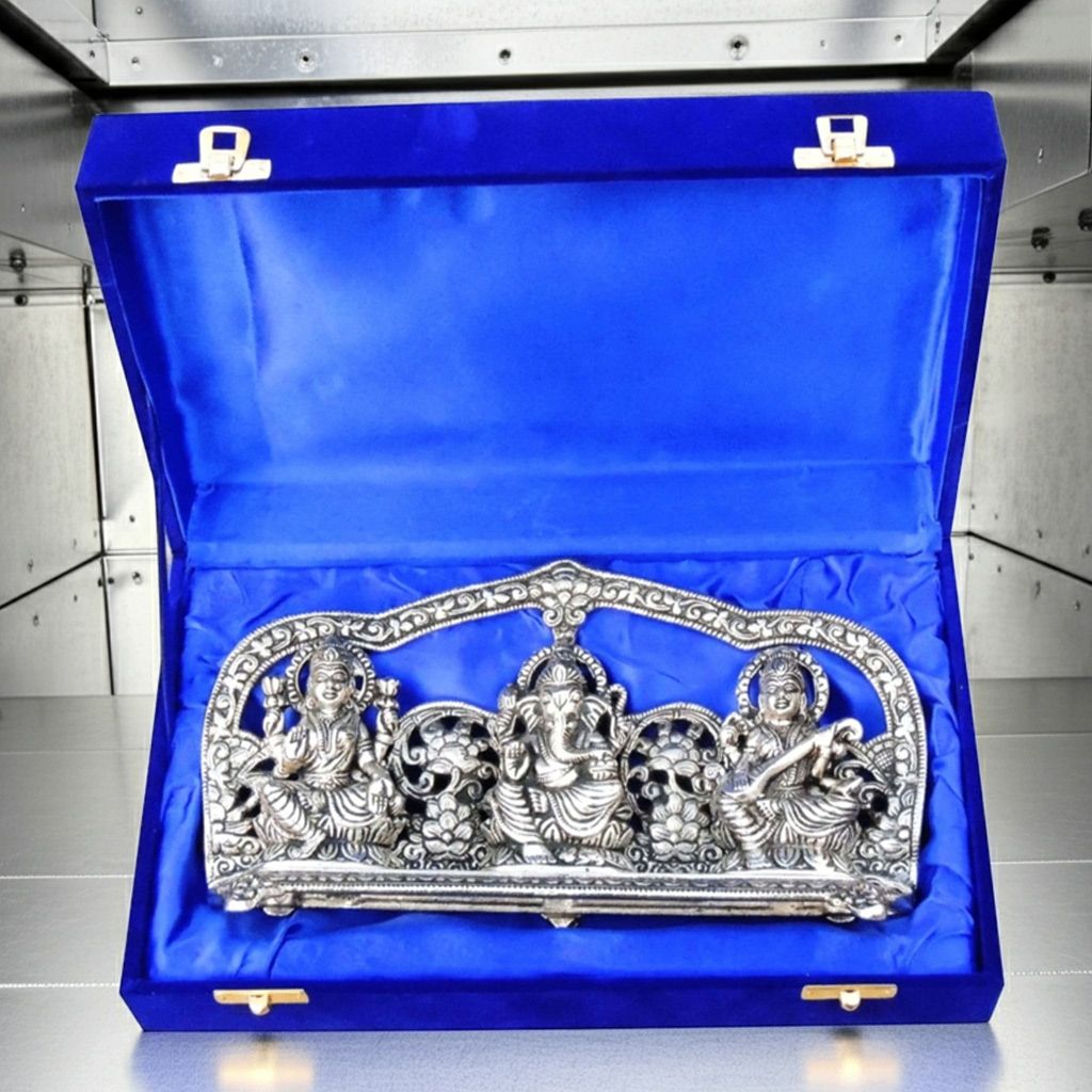 Aluminium Laxmi‑Ganesh‑Saraswati Showpiece Set – Decorative Trio Idol, Height : 6 Inch (ASMAS069)