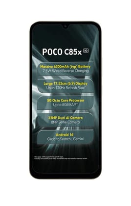 POCO C85x 5G Smartphone, Elite Black, 6.9 Inch Display, 32MP Dual AI Camera, 6300mAh Battery, 64GB Storage, 4GB RAM, Android 16