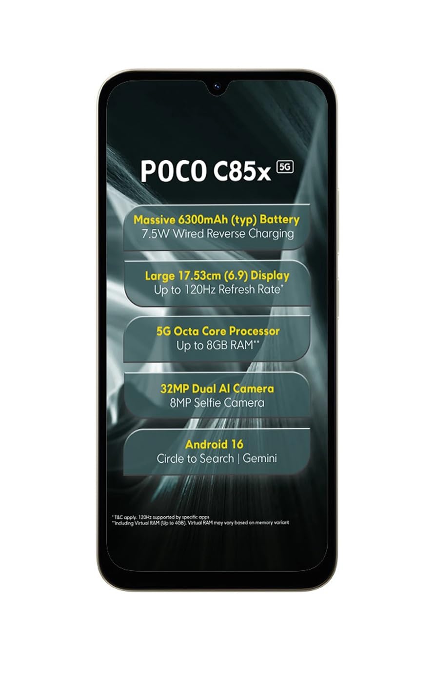 POCO C85x 5G Smartphone, Elite Black, 6.9 Inch Display, 32MP Dual AI Camera, 6300mAh Battery, 64GB Storage, 4GB RAM, Android 16