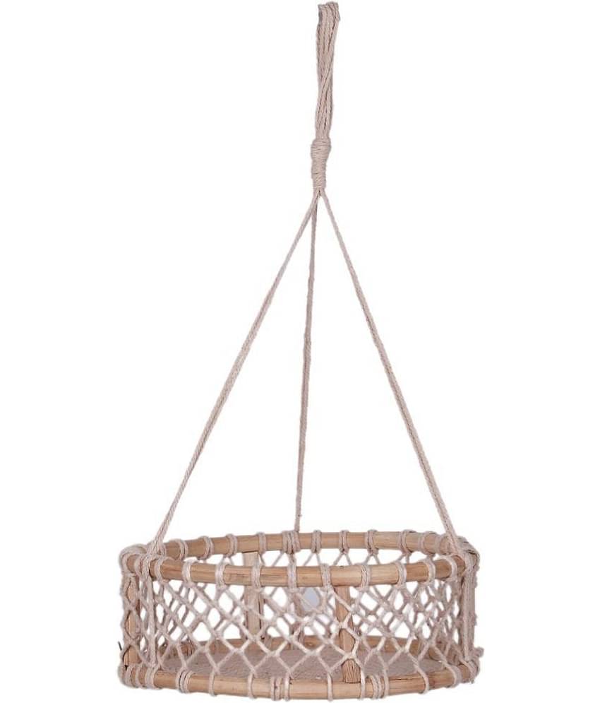 NUEVOSGHAR ROUND WOODEN BASKET MACRAME HANGING PLANTER Door Hanging Beige - Pack of 1