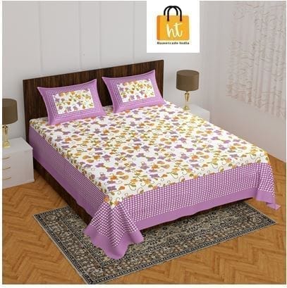 3001-Hometrade India-Standard King Size (90*108 Inches)-Buy Pure Cotton Jaipuri Printed Flat King Size Double Bedsheet With 2 Matching Pillow Cover