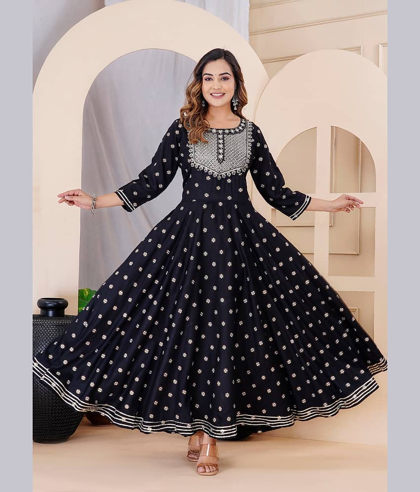 Lee Moda Rayon Embroidered Anarkali Women's Kurti - Black ( Pack of 1 )