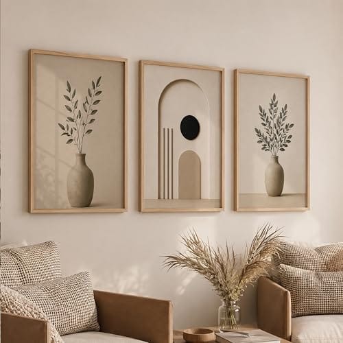 Set of 3 Japandi Botanical Wall Art Paintings, Wooden Frame, 13x19 Inches, for Living Room, Bedroom, Office, and