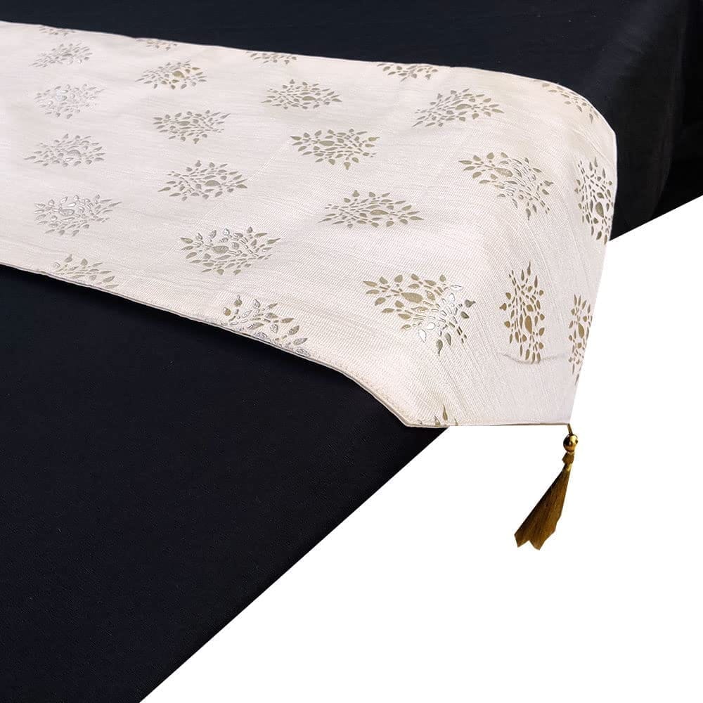12 x 59 Inch Decorative Luxury White Silver Cream Floral Foil Printed Table Runners with Tassels for Home Living Room Bedroom Art Decor Wedding