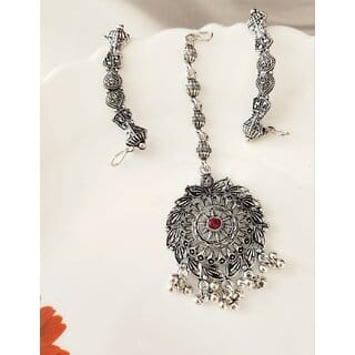 Oxidized silver- plated pink stone maangtika  Earcuff Combo (set pack of 1)