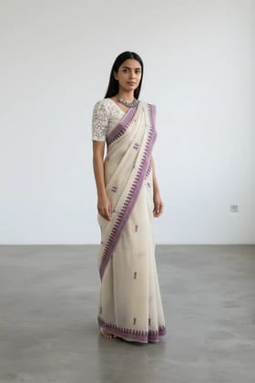 Sambalpuri Baandha Cotton Saree in Beige with Purple Ikat Border Sambalpuri Baandha Cotton Saree in Beige with Purple Ikat Border