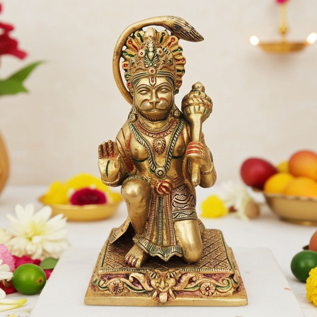 Brass Sitting Hanuman Ji Showpiece - Home Temple Decor, Height : 9 Inch (BSMAS499 B)