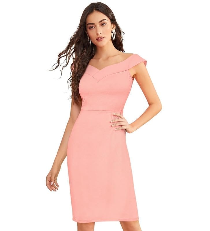 Women's Knitting Stretchable Solid Round Neck Sleeveless Dresses (Peach, XL)-PID56789