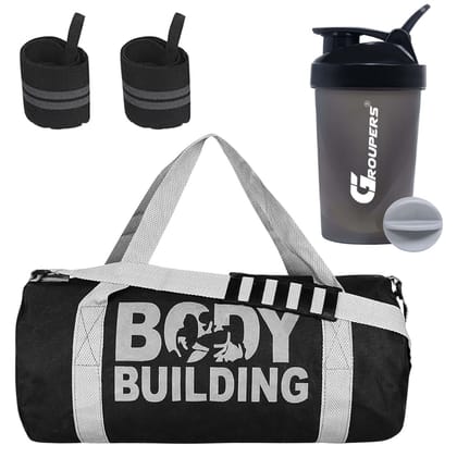 GROUPERS Duffle Canvas Bag with Shaker Bottle-400ml & Wrist BandlSports & Travel BaglSports Kitl (Black)