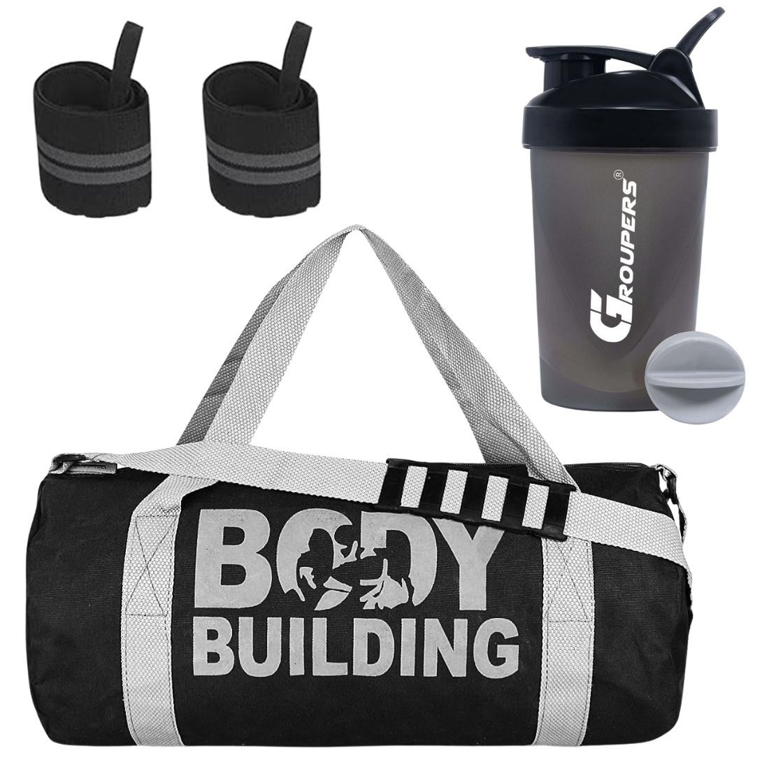 GROUPERS Duffle Canvas Bag with Shaker Bottle-400ml & Wrist BandlSports & Travel BaglSports Kitl (Black)