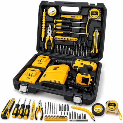 Professional Tool Kit with Cordless Drill Machine, Rechargeable Power Drill & Screwdriver Set, Complete Home Repair DIY Tool Set with Drill Bits, Socket Set, Pliers, Utility Knife & Carrying Case