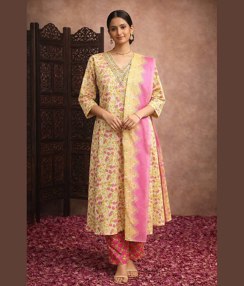 Aarika Women Cotton Printed Straight Kurti With Pants ( Green )