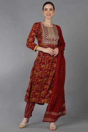 Red Cotton Blend Zari Embroidered Suit Set VKSKD1667