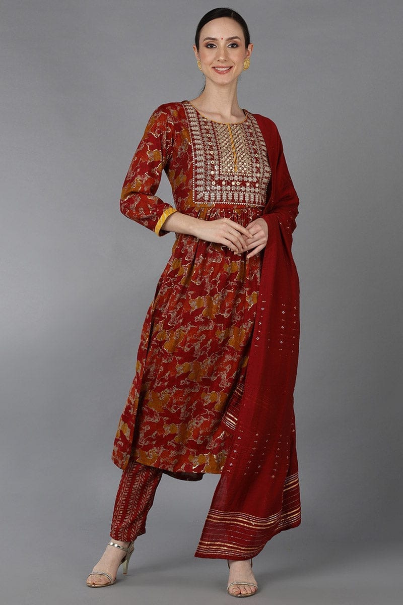 Red Cotton Blend Zari Embroidered Suit Set VKSKD1667