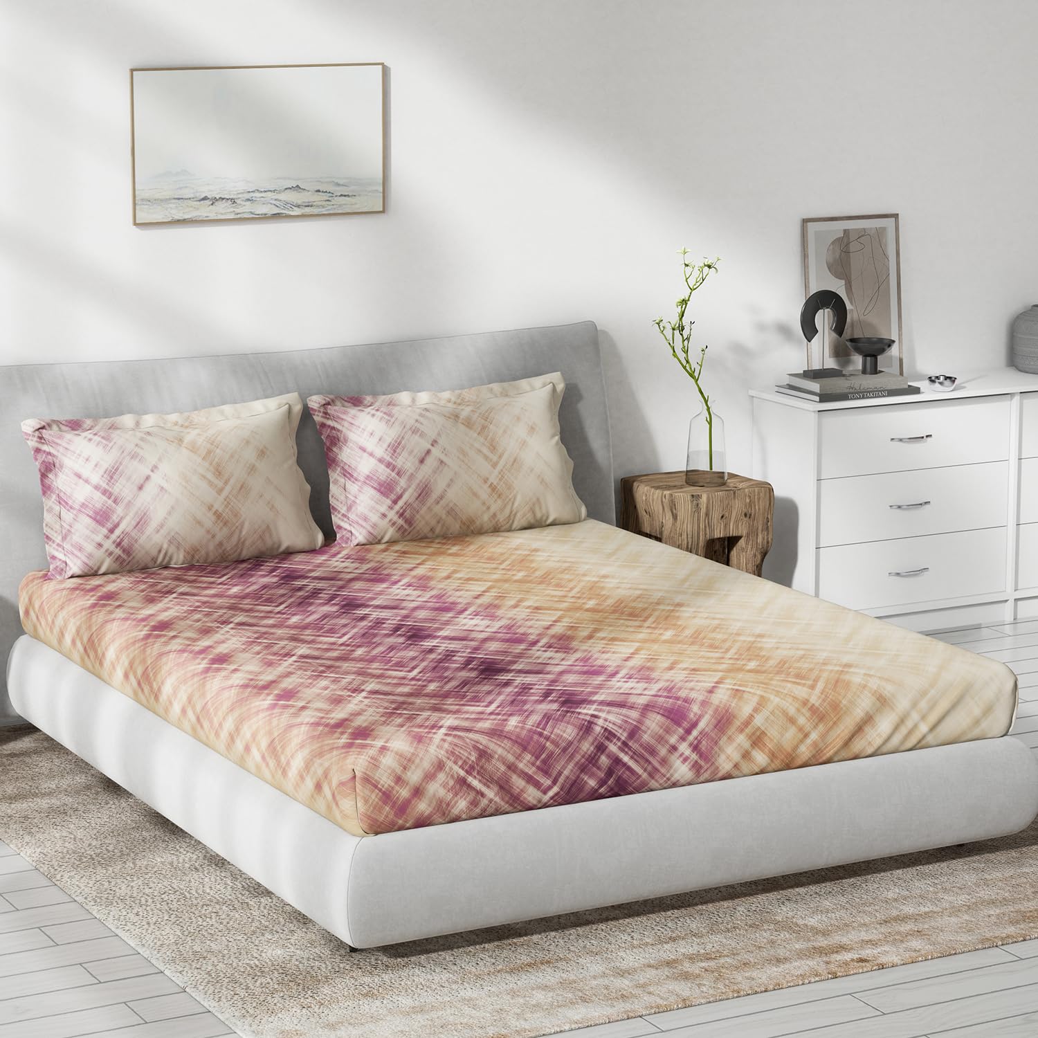 DDECOR - Primary Collection 100% Cotton Abstract Pattern 145TC King Fitted Sheet|180 CM X 198 CM| - Pink