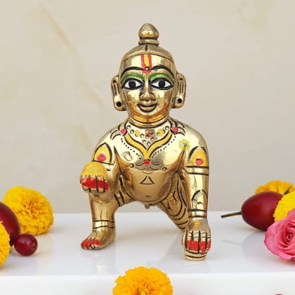 Brass Laddu Gopal Idol Statue - Handcrafted Krishna Murti, Height : 3.5 Inch (BSMAS1300 D)