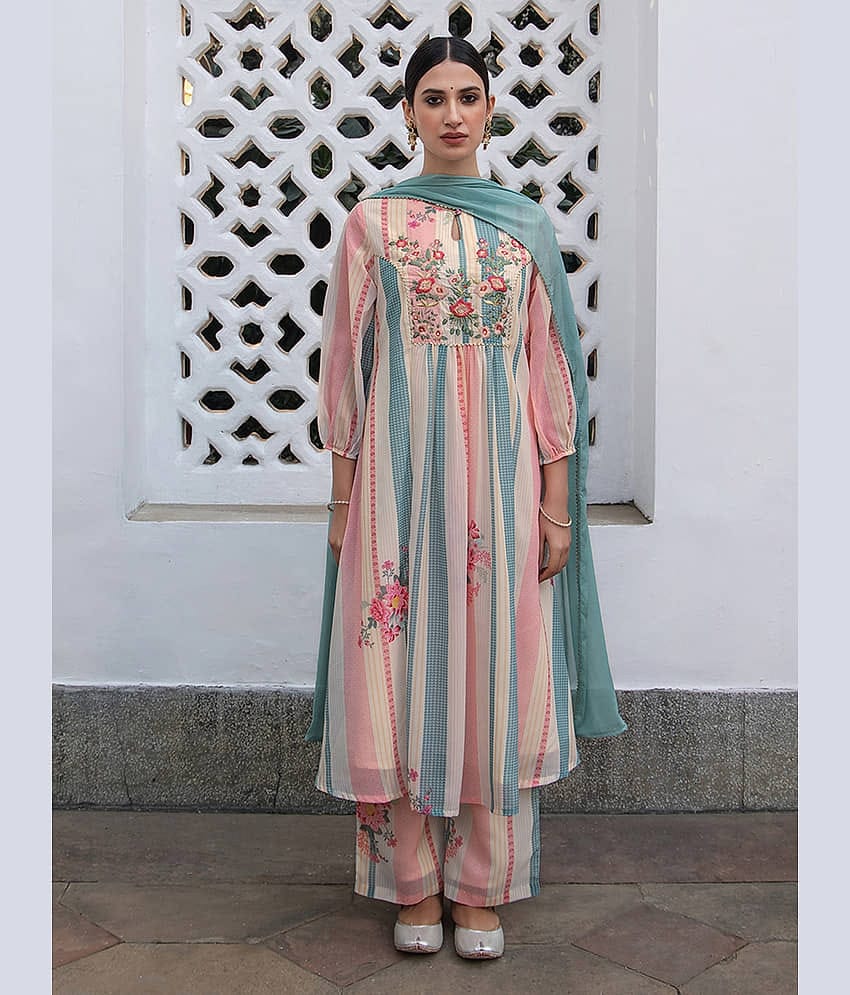 Janasya Georgette Embroidered Kurti With Pants Women's Stitched Salwar Suit - Cream ( Pack of 1 )