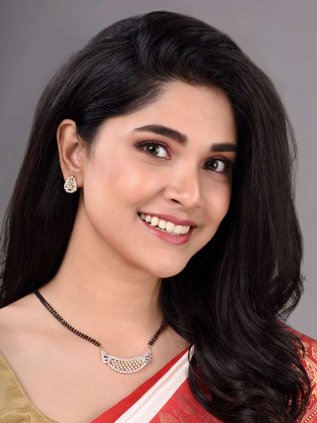 Gold Plated AD Studded & Black Beaded Handcrafted Mangalsutra Earrings