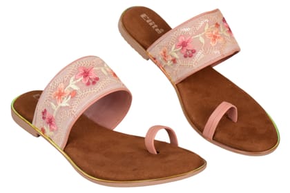 ELITE Women's Floral Embroidered Toe Ring Sandals - Casual - Peach