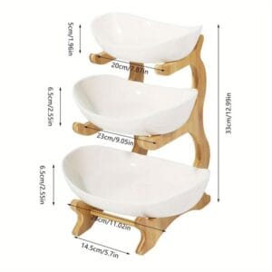 Handicraft Exim 3-Tier Ceramic Fruit Serving Stand | Bamboo & White Ceramic | Elegant Kitchen Organizer