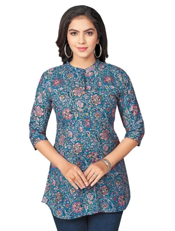 Women's Cotton Blend Mandarin Collar 3/4 Sleeves Short Top (Blue, S)-PID56250