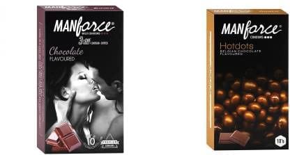 MANFORCE Chocolate flavor condom - 10 Pieces & Premium Hotdots Belgian Chocolate Condoms with Bigger Dots - 10 Pieces Condom (Set of 2 20 Sheets)