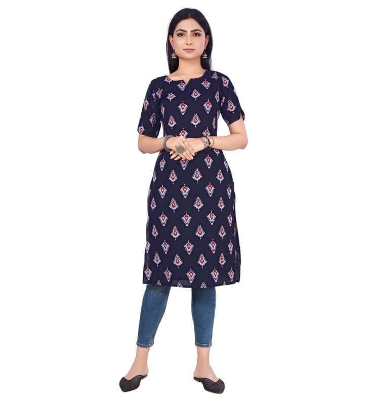 Women's Casual 3/4th Sleeve Printed Cotton Kurti (Blue, XL)-PID46167
